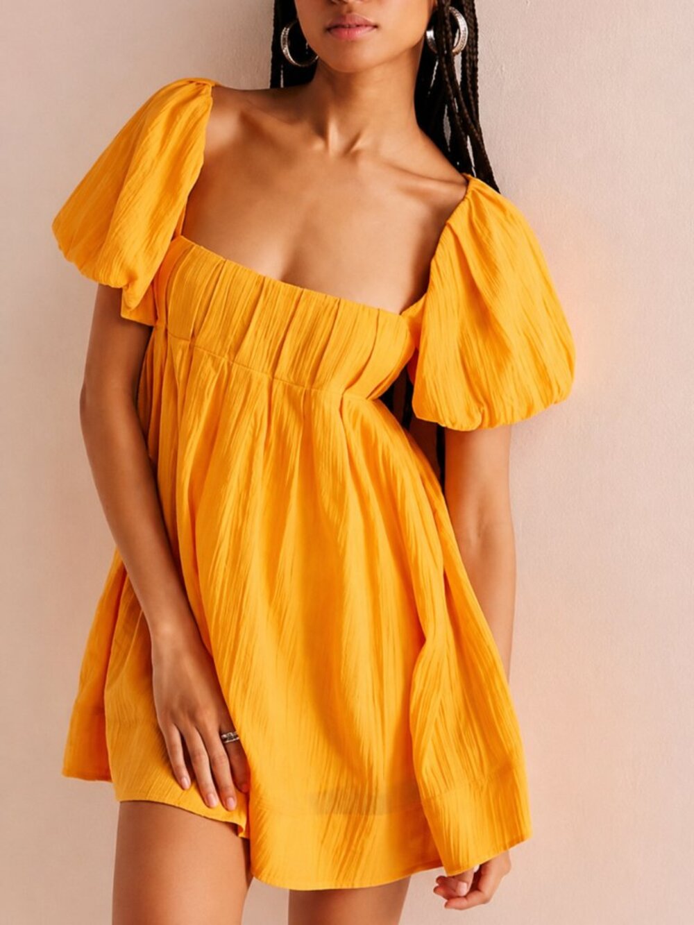 Free People Marina Mini Dress Marigold Yellow Puff Sleeve Open Back Babydoll S